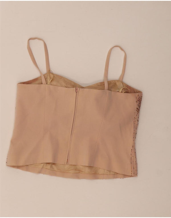 Musani Couture Crop Cami Top pentru femei UK 16 Large Beige Floral Triacetate