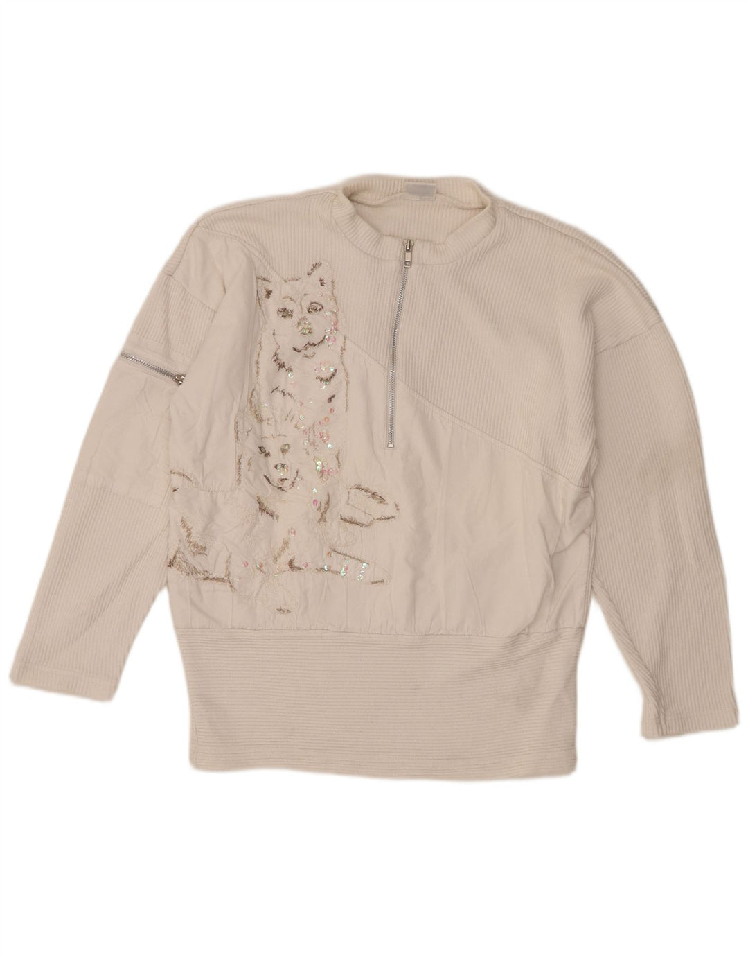 Pulover pentru femei Together Graphic cu fermoar și gât UK 10/12 Medium White