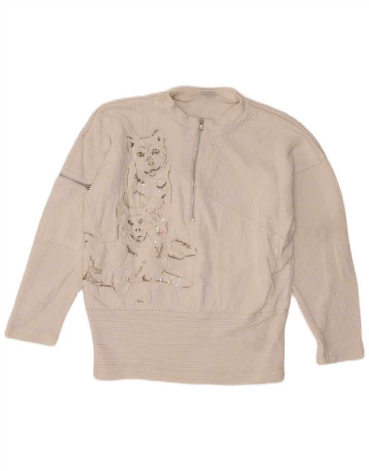 Pulover pentru femei Together Graphic cu fermoar și gât UK 10/12 Medium White