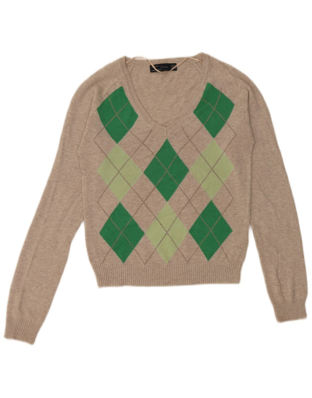 Pulover cu decolteu în V Zara pentru femei UK 12 Gri mediu Argyle/Diamond Bumbac