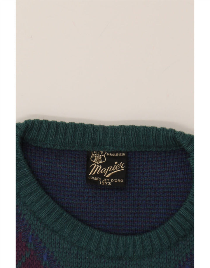 MAPIER Mens Crew Neck Jumper Sweater Medium Green Argyle/Diamond Vintage Mapier and Second-Hand Mapier from Messina Hembry 