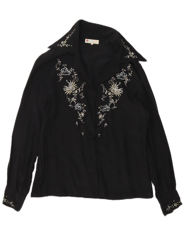 Bluză de cămașă vintage pentru femei UK 14 Medium Black Floral Silk