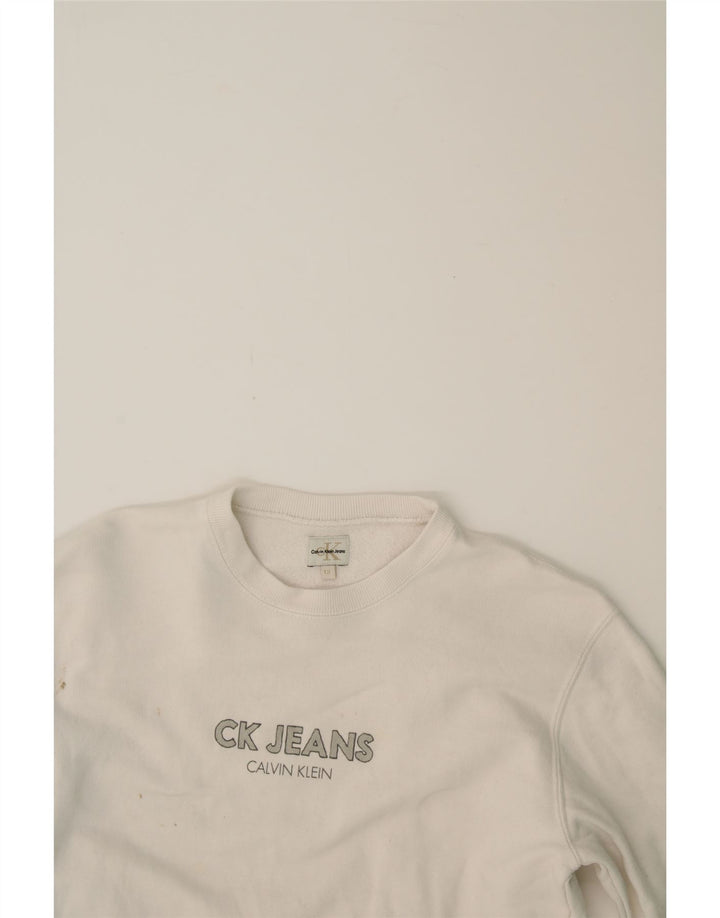 CALVIN KLEIN JEANS Boys Graphic Sweatshirt Jumper 11-12 Years White Vintage Calvin Klein Jeans and Second-Hand Calvin Klein Jeans from Messina Hembry 