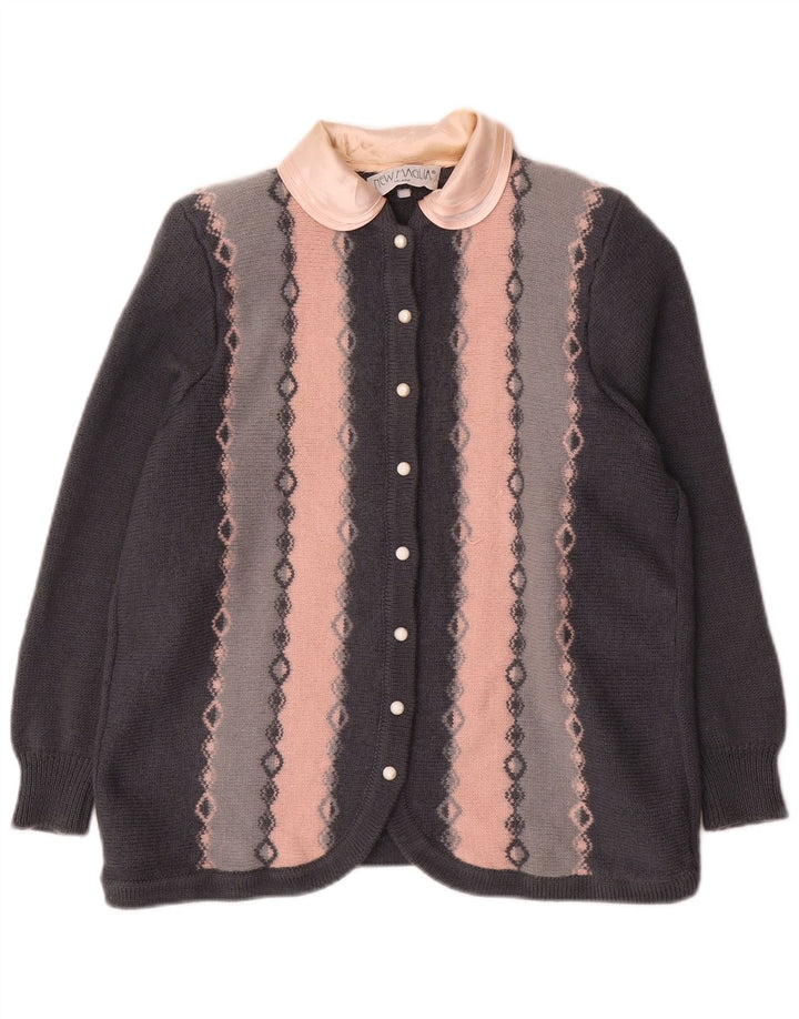 Pulover Cardigan Vintage pentru Damă UK 12 Medium Gri Geometric Lână