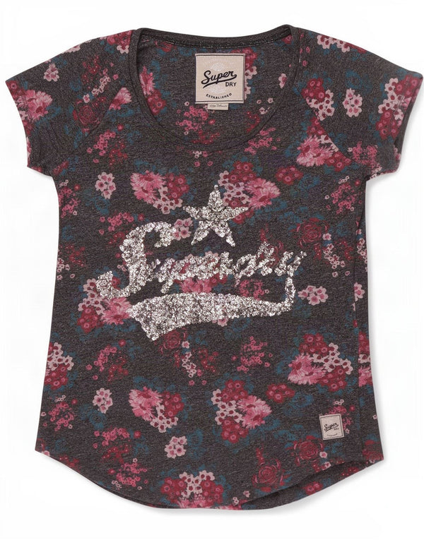 Tricou grafic Superdry pentru femei Top UK 6 XS bumbac cu flori gri