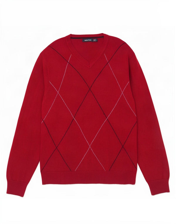 Pulover Nautica pentru bărbați cu decolteu în V, mare, roșu, din bumbac Argyle/Diamond