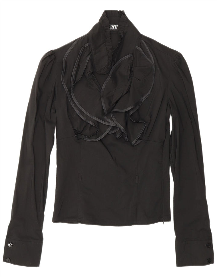 COVERI Bluză cu mânecă lungă cu volane în față pentru femei UK 10 Mic Nylon negru