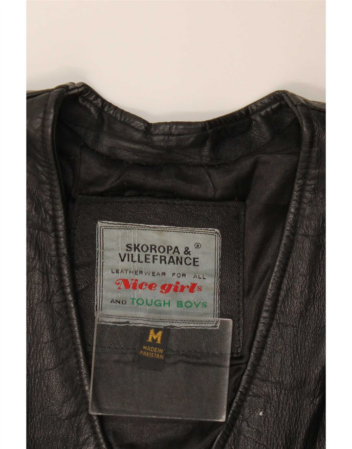 Gilet din piele vintage pentru femei UK 12 Medium Black Leather