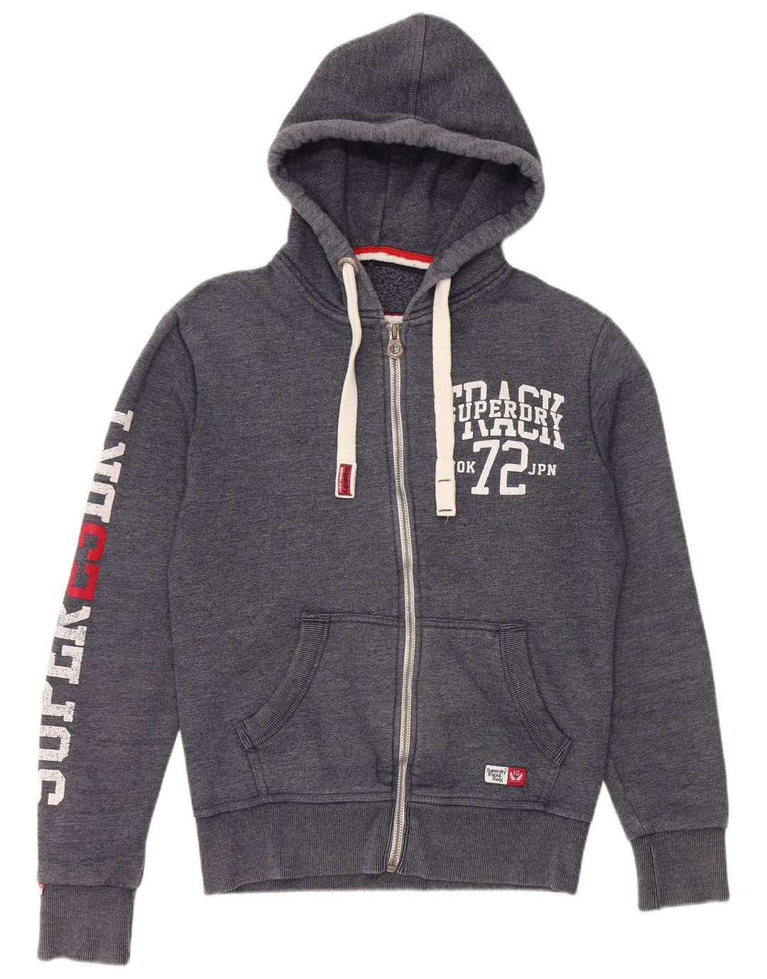 SUPERDRY Pulover cu capota cu fermoar grafic pentru bărbați din bumbac, albastru bleumarin