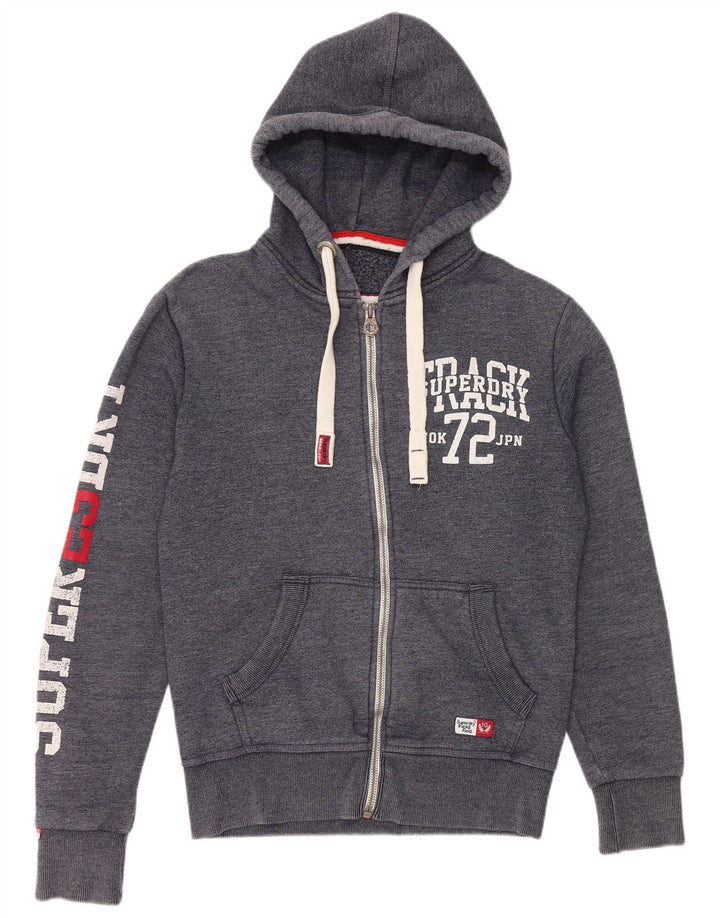 SUPERDRY Pulover cu capota cu fermoar grafic pentru bărbați din bumbac, albastru bleumarin