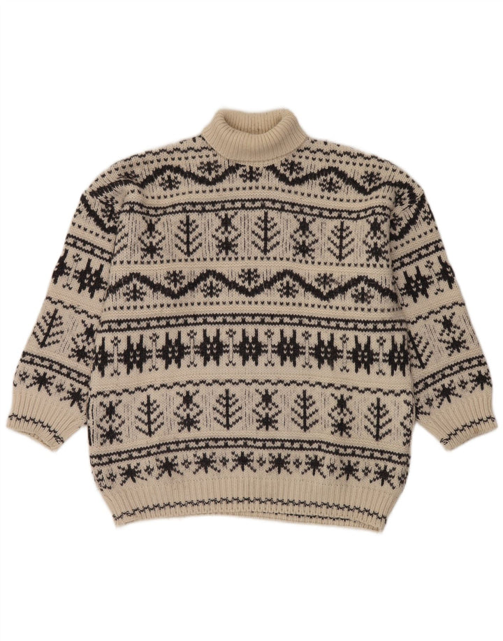 Pulover vintage pentru bărbați cu gât rulat, mediu alb deschis, acrilic Fair Isle