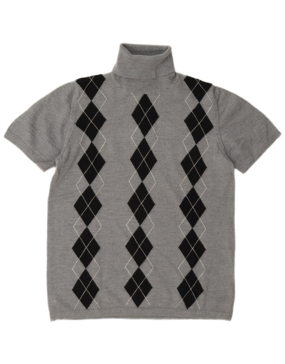 Pulover vintage pentru femei cu gât rulat UK 14 Medium Gri Argyle/Diamond