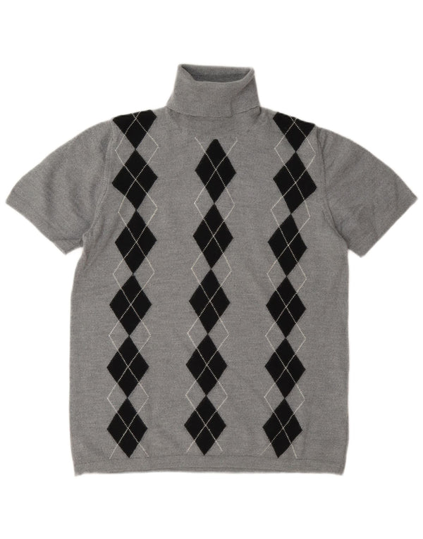 Pulover vintage pentru femei cu gât rulat UK 14 Medium Gri Argyle/Diamond