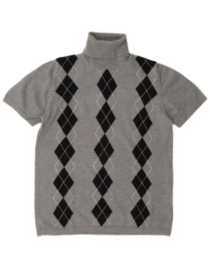 Pulover vintage pentru femei cu gât rulat UK 14 Medium Gri Argyle/Diamond