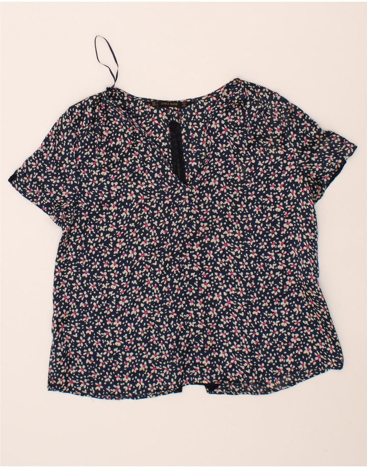 ZARA Womens Blouse Top UK 10 Small Navy Blue Floral Polyester Vintage Zara and Second-Hand Zara from Messina Hembry 