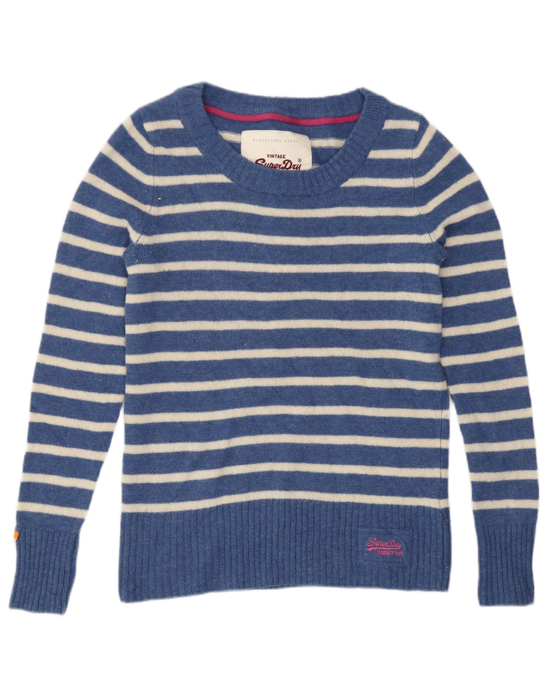 Pulover Superdry pentru femei cu gât de barcă UK 12 Medium Blue Striped