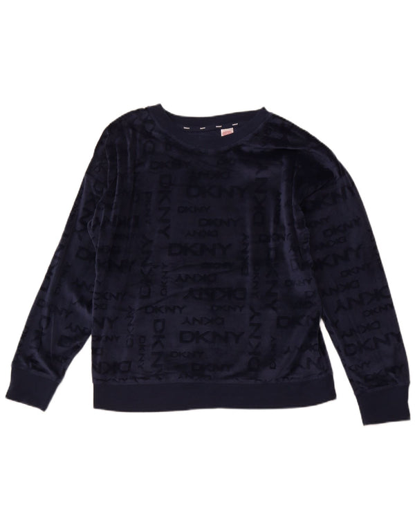 DKNY Womens Graphic Fleece Jumper UK 14 Medium Navy Blue Polyester