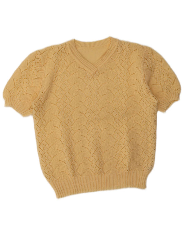 Pulover vintage pentru femei cu mânecă scurtă cu decolteu în V, UK 14 Bej mediu