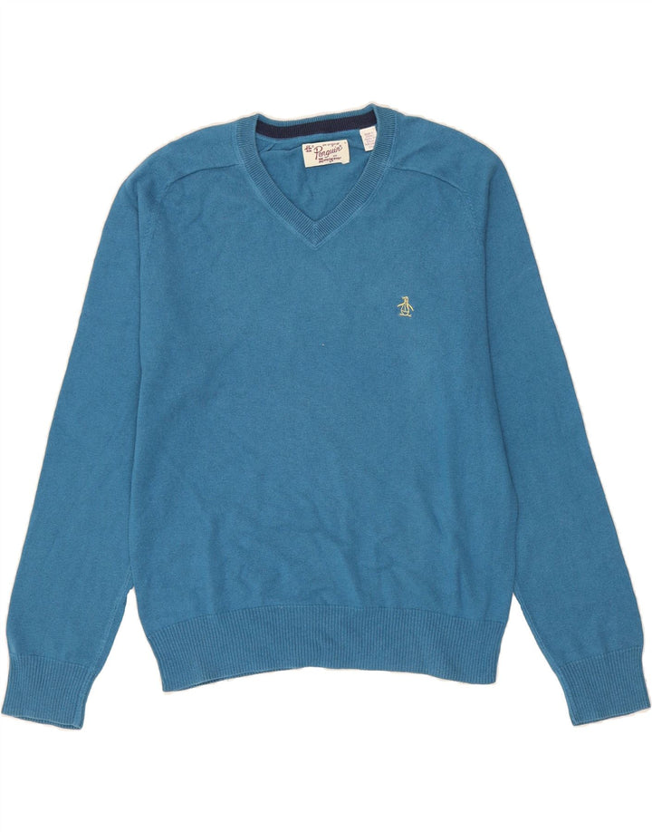 PENGUIN Mens V-Neck Jumper Sweater Large Blue Cotton Vintage Penguin and Second-Hand Penguin from Messina Hembry 