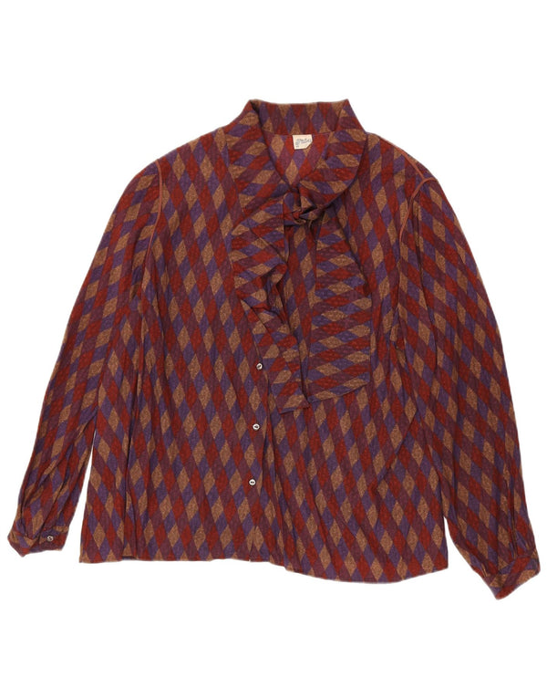 Vintage Womens Front Tie Shirt Blouse UK 16 Large Red Geometric Silk