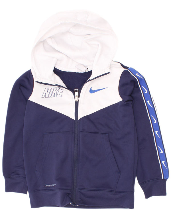 Pulover Nike pentru băieți Dri Fit, cu fermoar, cu glugă, 4-5 ani, mic, bleumarin, color block