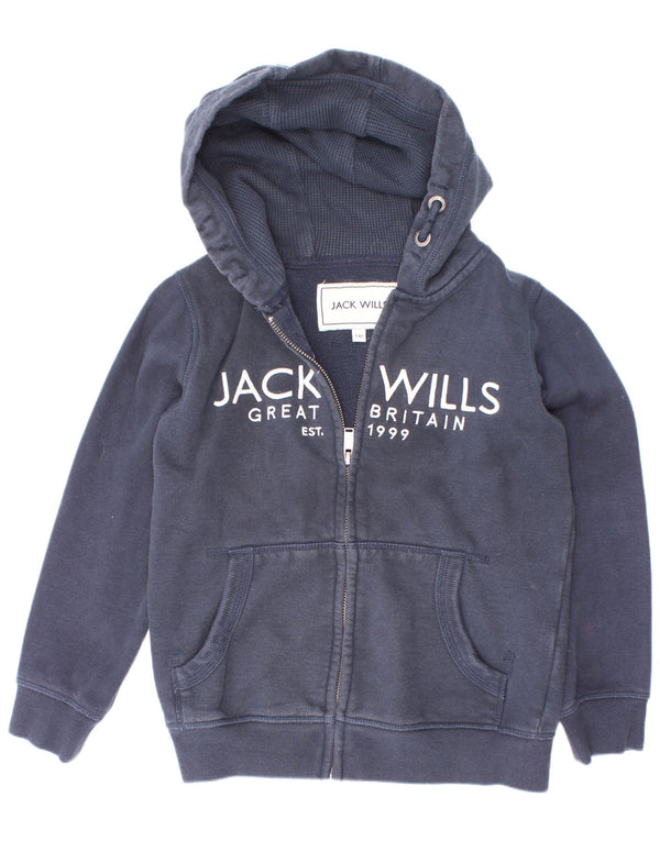 Jack Wills Pulover cu capota cu fermoar grafic pentru baieti 7-8 ani, bumbac bleumarin