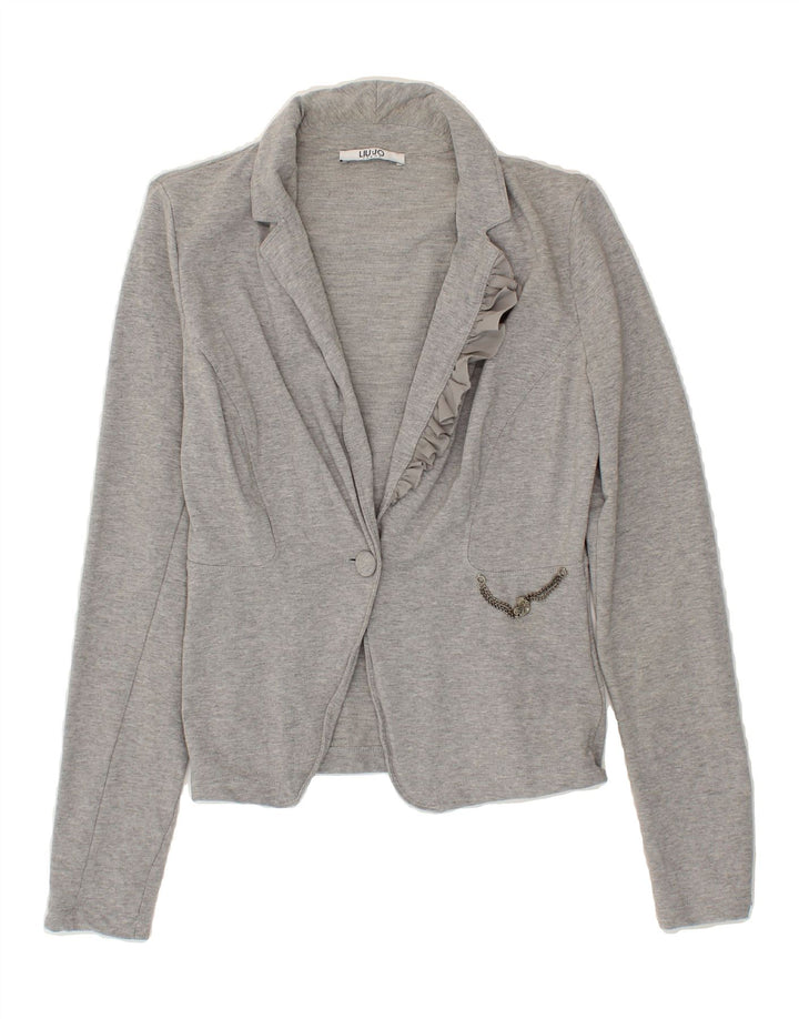 LIU JO Womens 1 Button Blazer Jacket UK 12 Medium Grey Cotton Vintage Liu Jo and Second-Hand Liu Jo from Messina Hembry 