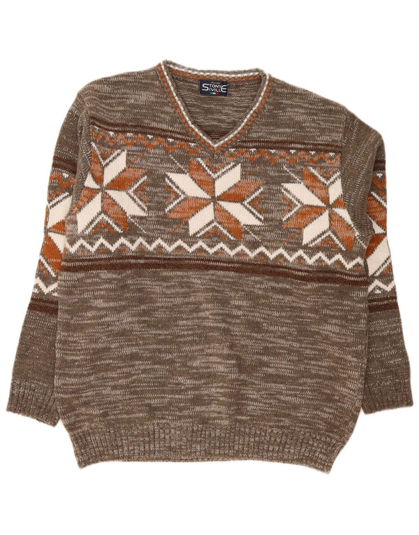 Pulover vintage pentru bărbați cu decolteu în V, mare, kaki, acrilic Fair Isle