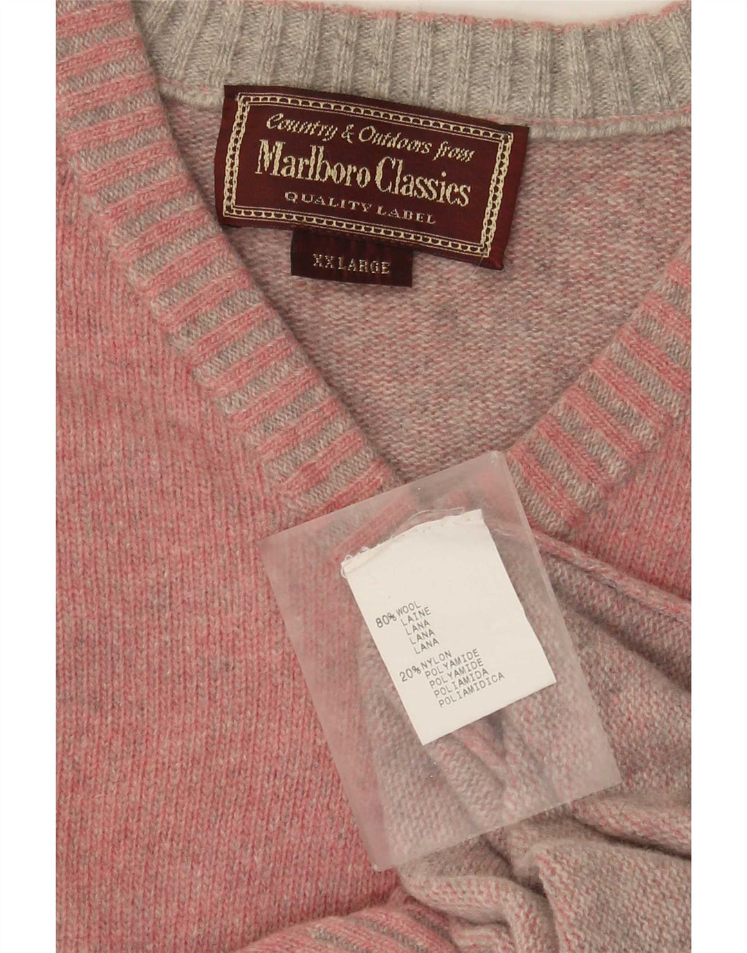 Pulover cu decolteu în V Marlboro Classics pentru bărbați, lână roz 2XL