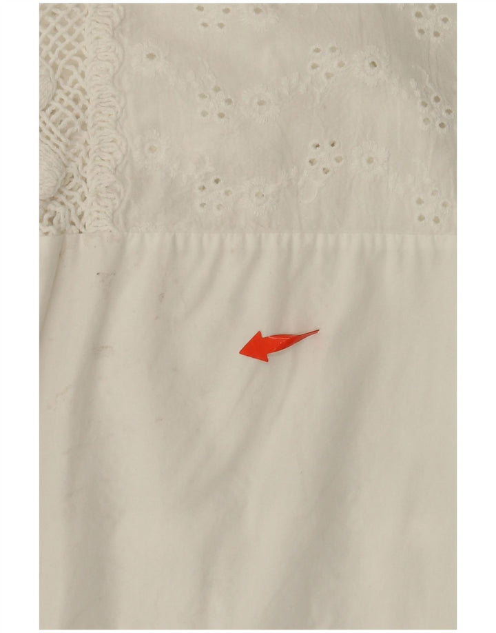 Bluză cămașă pentru femei VINTAGE cu mâneci 3/4 UK 14, bumbac floral, alb, mediu