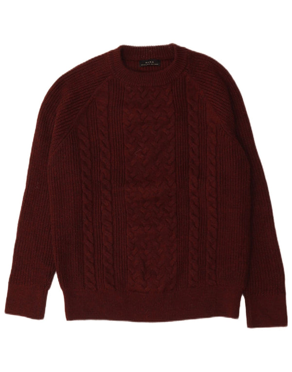 Zara Mens Crew Neck Jumper Sweater Medium Burgundy Wool