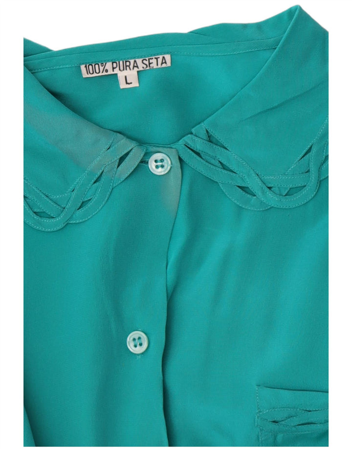 Bluză de cămașă vintage pentru femei UK 16, mare, verde, mătase