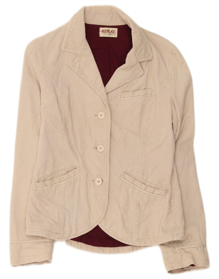 Sacou blazer din velur cu 3 nasturi Replay pentru femei UK 14, mare, bej, bumbac