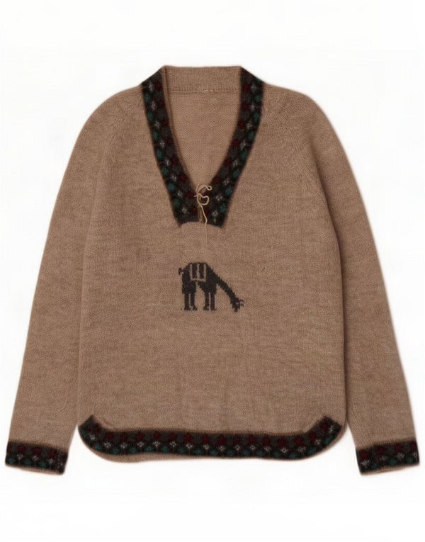 Vintage Pulover cu decolteu în V pentru femei UK 16 Large Beige Fair Isle