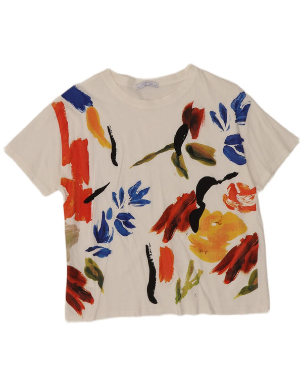Tricou cu grafică Zara pentru femei Top UK 10 Small White Floral Bumbac