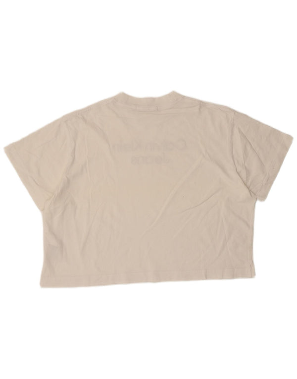 Calvin Klein Jeans Tricou cu grafic crop pentru femei Top UK 14 Medium White