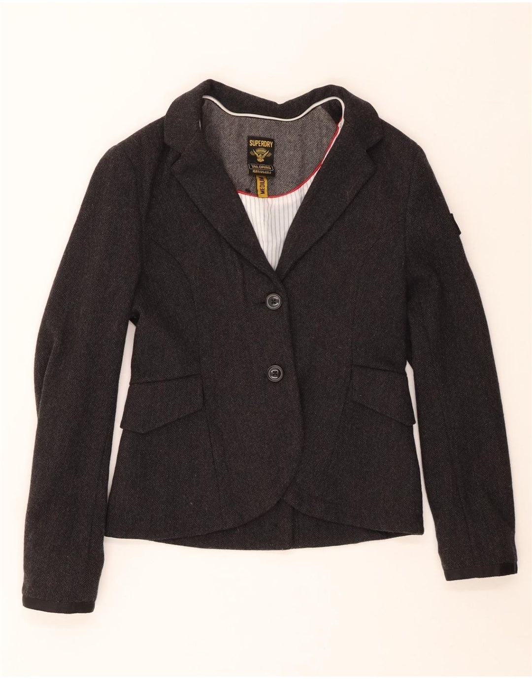 Jachetă blazer pentru femei SUPERDRY cu 2 nasturi UK 12, lână gri mijlocie, în schemă