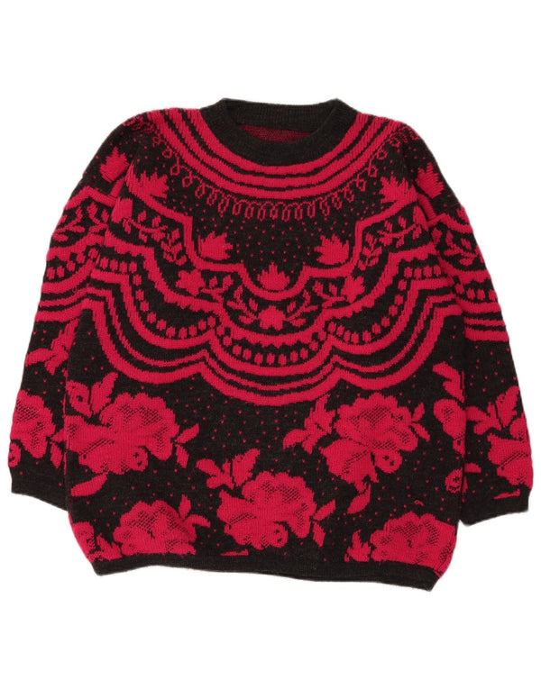 Pulover vintage pentru femei cu gât de barcă UK 14 Lână mare, neagră, florală