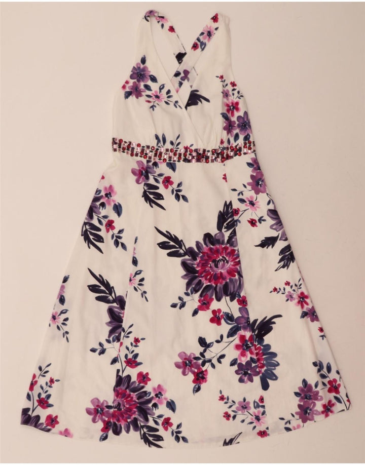 DEBUT Womens Sleeveless A-Line Dress UK 8 Small  White Floral Polyester Vintage Debut and Second-Hand Debut from Messina Hembry 