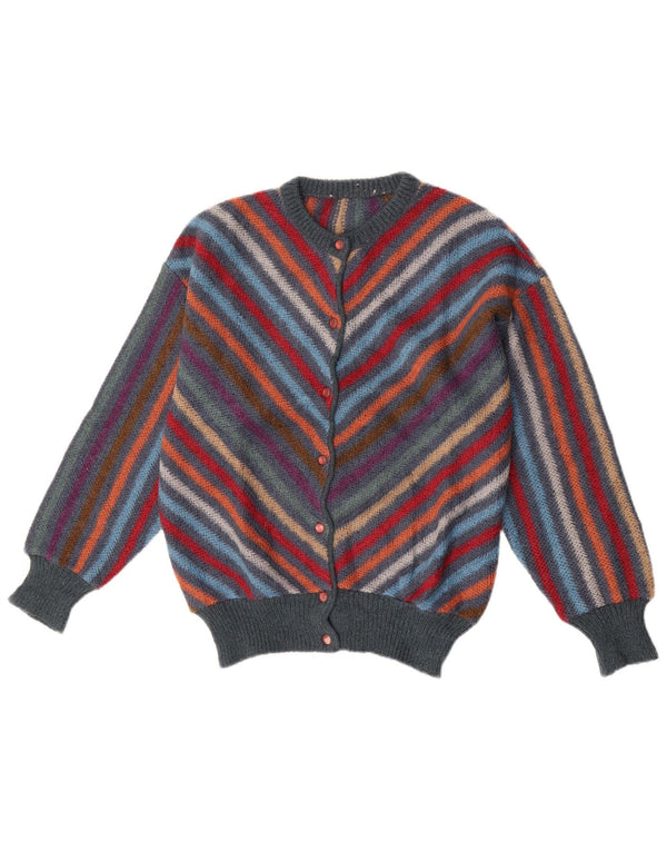 Pulover Cardigan Vintage pentru Damă UK 14 Mediu Lână cu dungi multicolore