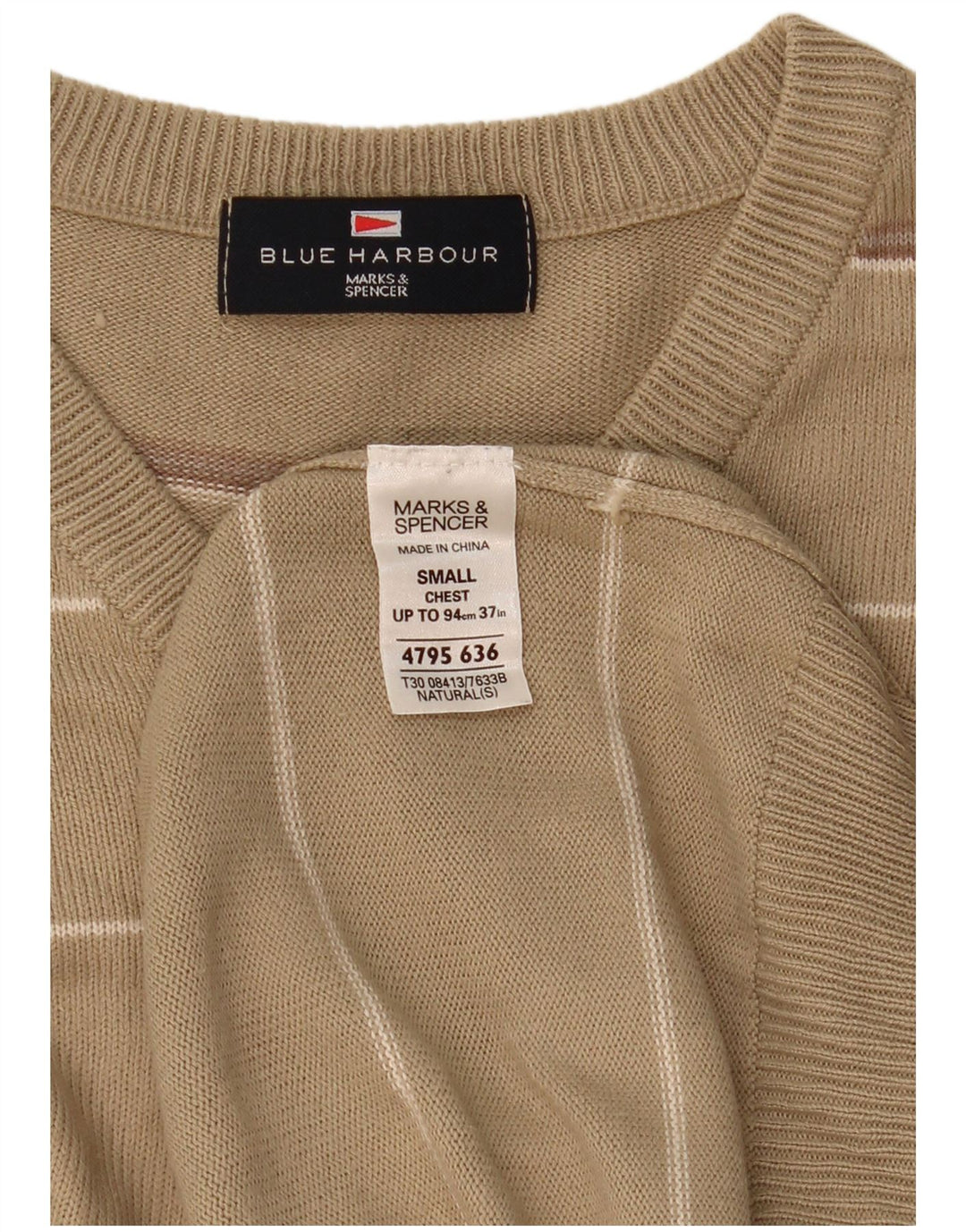 Pulover Marks & Spencer pentru bărbați, Blue Harbour, cu decolteu în V, cu dungi mici, bej
