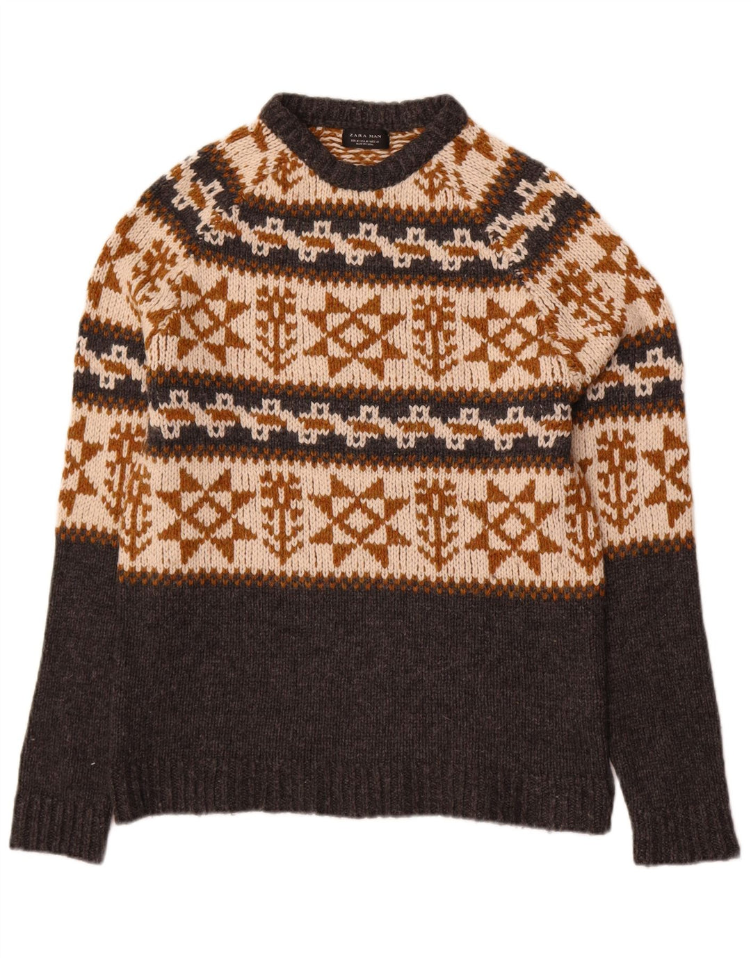 Pulover pentru bărbați Zara, cu gât turnut, gri mediu, acrilic Fair Isle