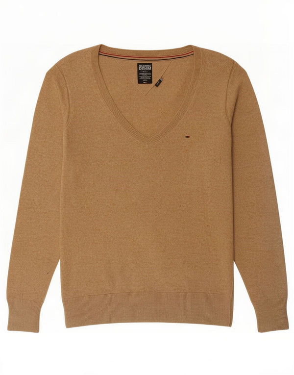 Pulover pentru femei Tommy Hilfiger cu decolteu în V UK 14 Bumbac mediu bej