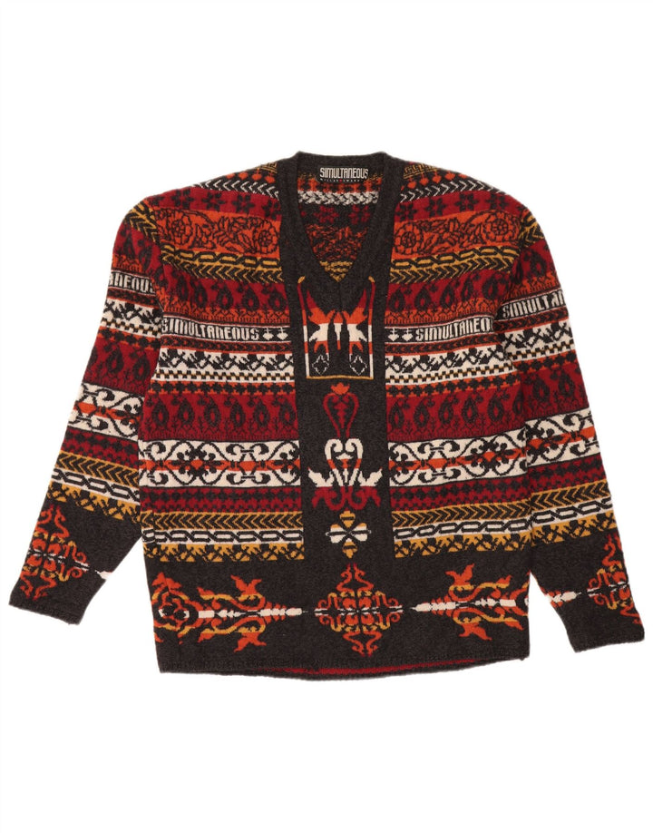 VINTAGE Pulover cu decolteu în V pentru femei UK 18 XL, lână Fair Isle, multicoloră