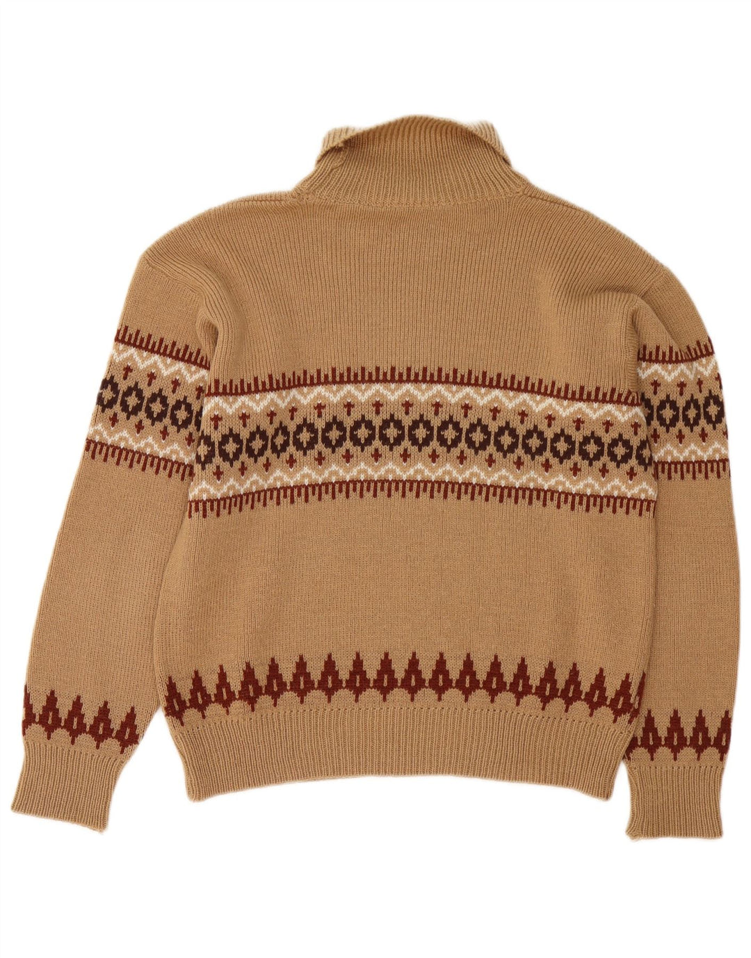 Pulover vintage pentru femei cu gât rulat, UK 14, maro mediu, Fair Isle