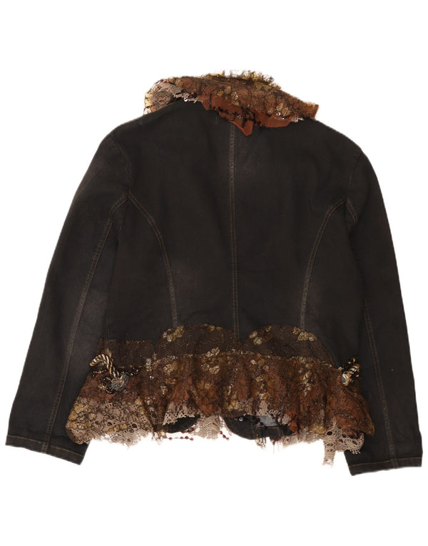 Jachetă vintage din blugi pentru femei, cu 2 nasturi, UK 18 XL, negru, bloc de culoare