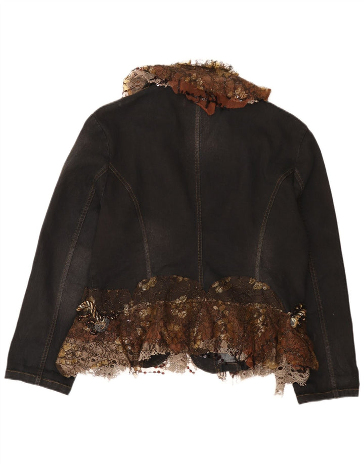 Jachetă vintage din blugi pentru femei, cu 2 nasturi, UK 18 XL, negru, bloc de culoare