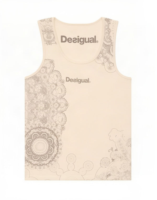 Desigual Womens Graphic Vest Top UK 8 Small White Floral Bumbac
