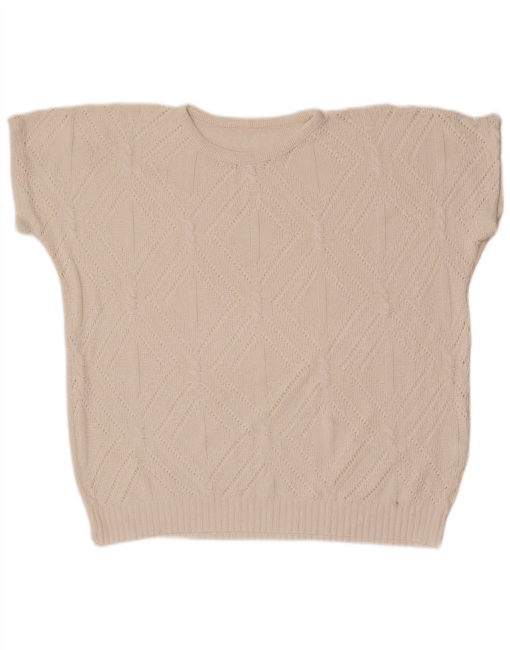 Pulover vintage pentru femei cu decolteu triplu UK 14 Medium White Geometric
