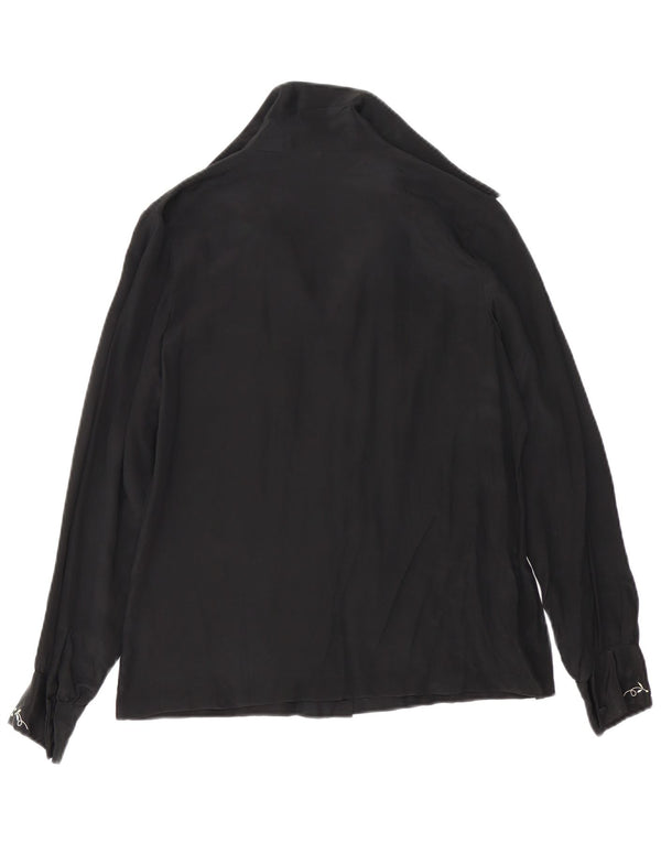 Bluză de cămașă vintage pentru femei UK 14 Medium Black Floral Silk